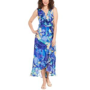 London Times Womens Faux-Wrap Ruffle-Hem Maxi Dress 6 Blue Multi - NWT $98